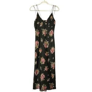 ZARA Black Slip Dress Pink Floral Print Midi Silky Feminine Romantic Sexy Size S